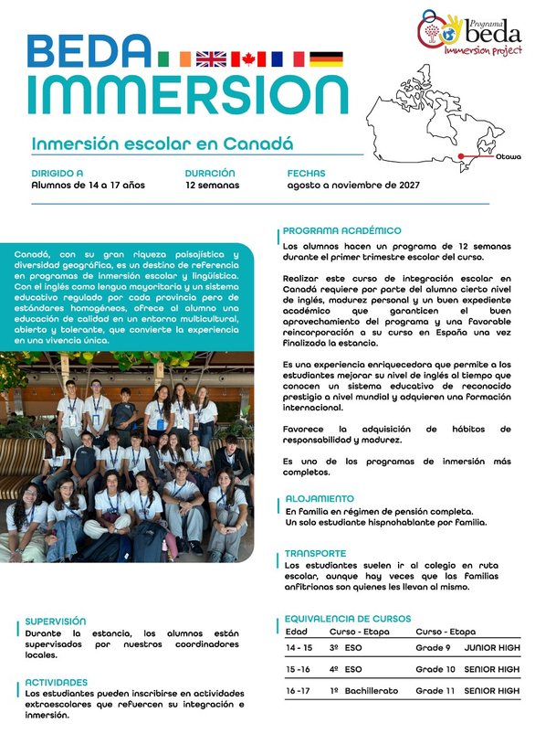 Ficha informativa: inmersión escolar en Canadá, curso 2027-2028 (PDF)