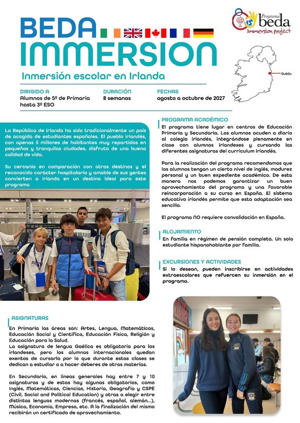 Ficha informativa: inmersión escolar en Irlanda, curso 2027-2028 (PDF)